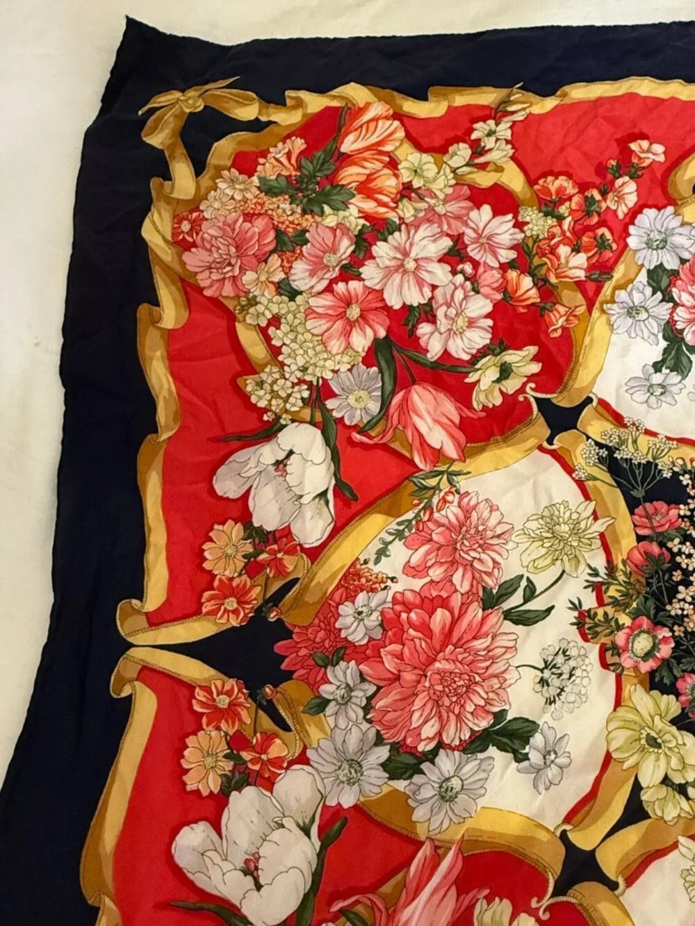 VINTAGE ERRE RED GOLD RIBBON MOTIF FLORAL HAND ROLLED SQUARE SILK SCARF ITALY